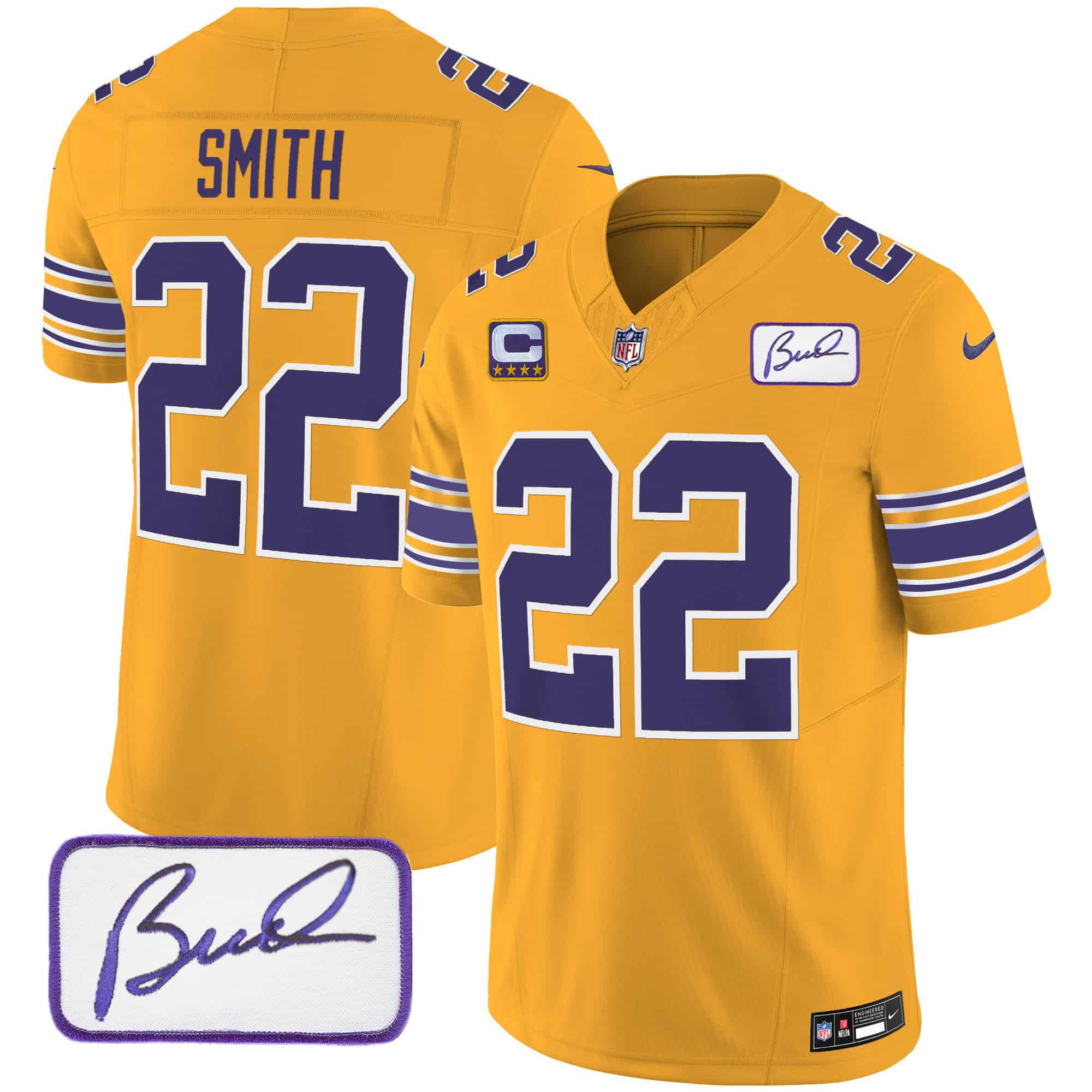 Men Minnesota Vikings 22 Smith Yellow 2024 Nike Bud Grant Patch Classic Limited NFL Jersey